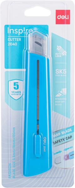 Нож канцелярский Deli E2040blue Rio 100мм шир.лез.18мм фиксатор сталь синий блистер