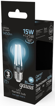 Лампа светодиодная Gauss Filament 102902215 15Вт цок.:E27 груша 220B 4100K св.свеч.бел.нейт. (упак.:1шт)