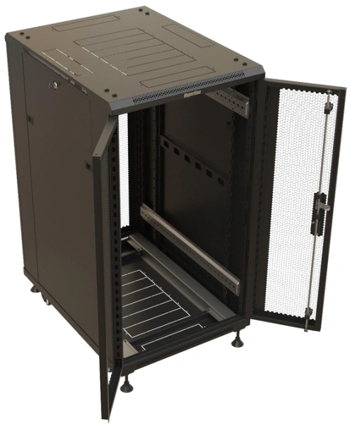 Шкаф коммутационный Hyperline (TTBR-1866-DD-RAL9004) напольный 18U 600x600мм пер.дв.перфор.2ств. зад