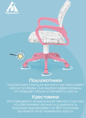 Кресло детское Бюрократ BUROKIDS 1 W розовый единороги крестов. пластик пластик белый