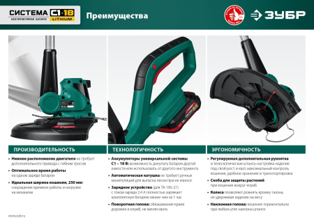 Триммер электрический Зубр ТА-185 аккум. 18Вт неразбор.штан. реж.эл.:леска