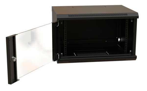 Шкаф коммутационный WRline (WR-TW-0666-GP-RAL9004) настенный 6U 600x600мм пер.дв.стекл 2 бок.пан. направл.под винты 60кг черный 500мм 367мм IP20 сталь