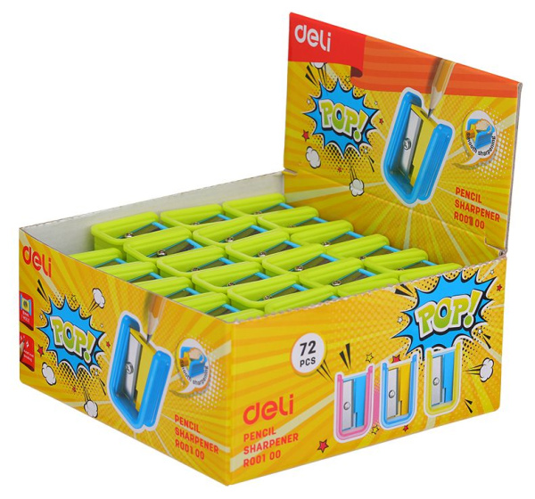 Точилка для карандашей ручная Deli ER00100 PoP 1 отверстие пластик ассорти дисплей