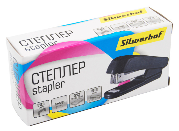 Степлер Silwerhof 401077-01 24/6 (20листов) черный 50скоб пластик закрытый коробка