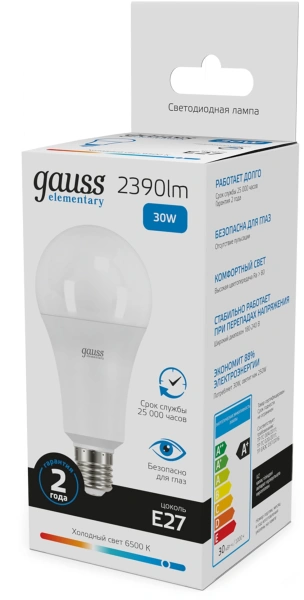 Лампа светодиодная Gauss Elementary A67 30Вт цок.:E27 груша 220B св.свеч.бел.хол. (упак.:10шт) (73239)