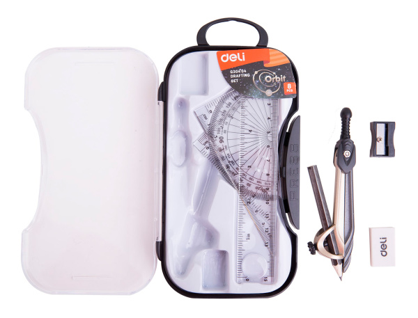 Циркуль Deli EG30404 корпус ассорти металл в компл.:линейка/транспортир/2 угольника/карандаш/ластик/точилка