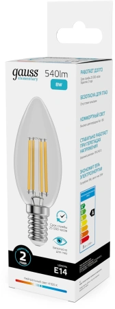 Лампа филам. Gauss Filament 8Вт цок.:E14 свеча 220B св.свеч.бел.нейт. (упак.:10шт) (32128)