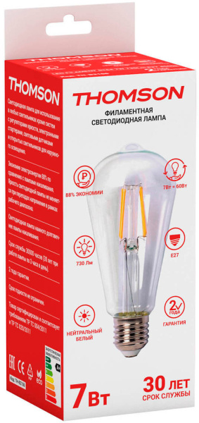 Лампа филам. Thomson Filament TH-B2106 7Вт цок.:E27 груша 220B 4500K св.свеч.бел.нейт. ST64 (упак.:1шт)