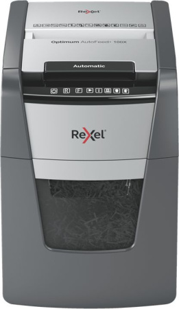 Шредер Rexel Optimum AutoFeed 100X черный с автоподачей (секр.P-4) фрагменты 100лист. 34лтр. скрепки скобы пл.карты