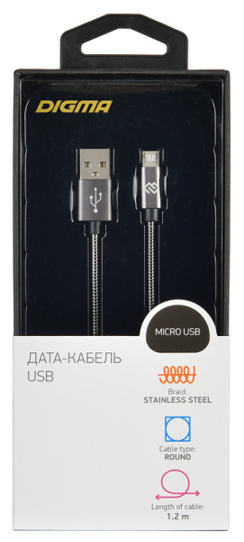 Кабель Digma MICROUSB-1.2M-BRAIDED-G USB (m)-micro USB (m) 1.2м темно-серый