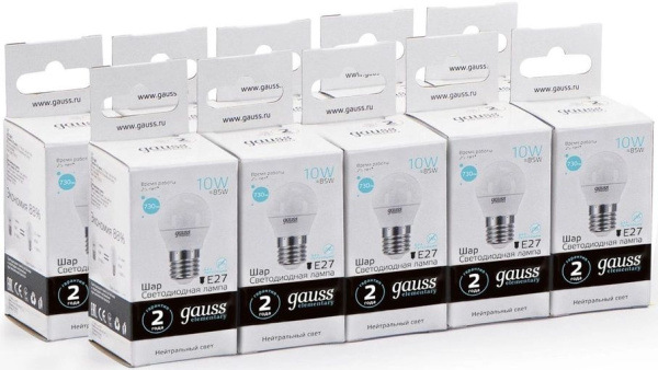 Лампа светодиодная Gauss Elementary 10Вт цок.:E27 шар 220B 4100K св.свеч.бел.нейт. (упак.:10шт) (53220)
