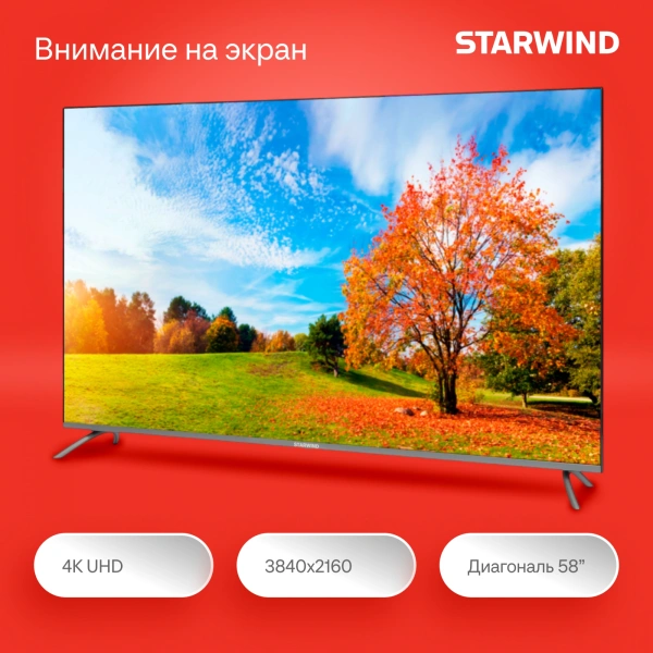 Телевизор LED Starwind 58" SW-LED58UG401 Яндекс.ТВ Frameless стальной 4K Ultra HD 60Hz DVB-T DVB-T2 DVB-C DVB-S DVB-S2 USB WiFi Smart TV