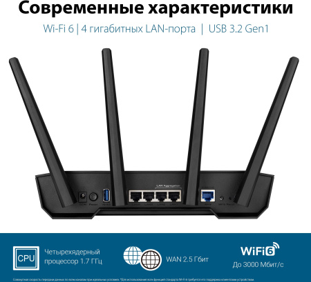 Роутер беспроводной Asus TUF-AX3000 AX3000 10/100/1000BASE-TX/4G ready черный