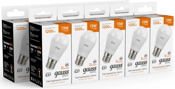 Лампа светодиодная Gauss Basic 13Вт цок.:E27 шар св.свеч.теп.св./дневн. (10502132)