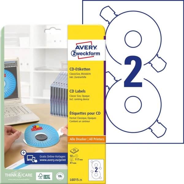 Этикетки Avery Zweckform CD/DVD L6015-25 A4/196г/м2/50л./белый самоклей. для лазерной печати