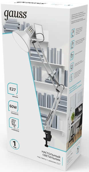 Светильник Gauss GT0011 настольный на струбцине E27 белый 60Вт