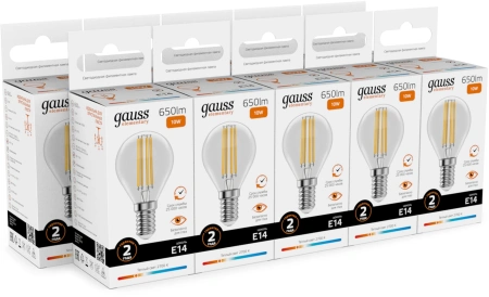 Лампа филам. Gauss Filament 10Вт цок.:E14 шар 220B св.свеч.бел.теп. (упак.:10шт) (52110)
