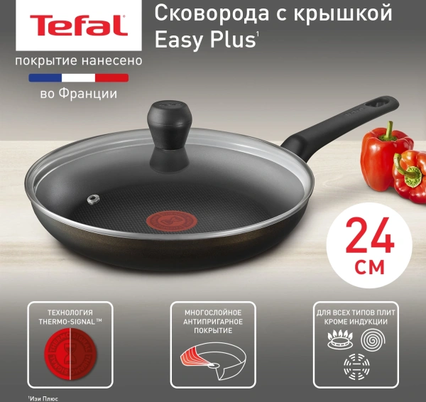 Сковорода Tefal Easy Plus 04237924 круглая 24см ручка несъемная (с крышкой) черный (9100054100)